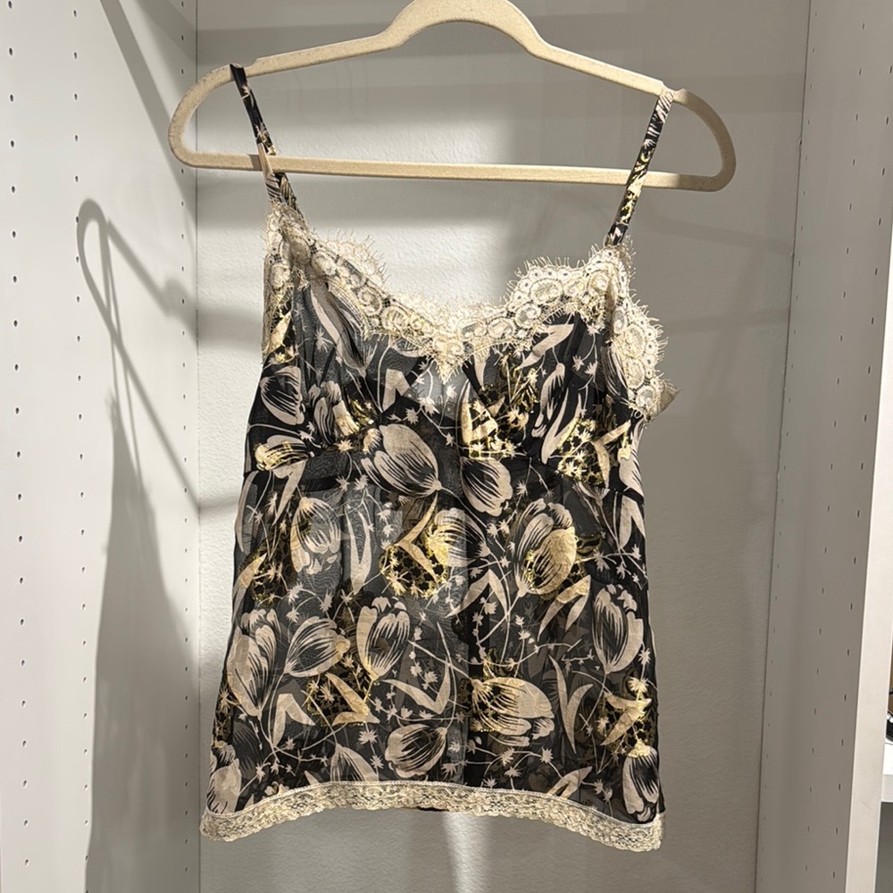 Anna Sui Black, Beige and Gold Lace Camisole with Spaghetti Straps